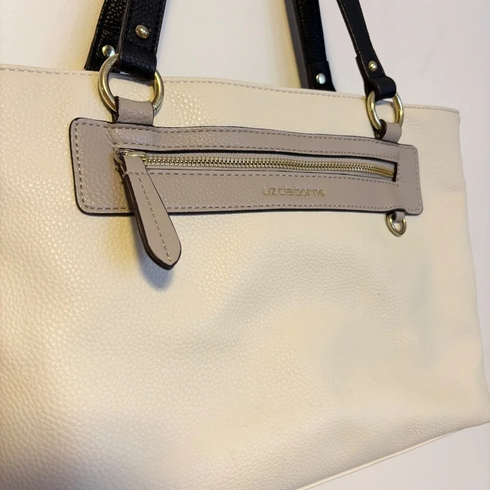 Liz Claiborne Jess Shopper Faux Leather Tote Bag Purse Cream Black Handles